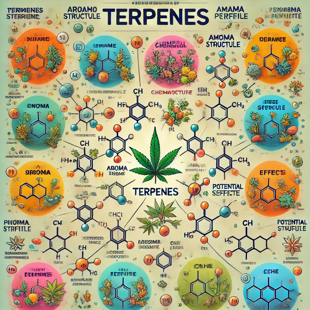 Terpenes chart with chemical structures and effects